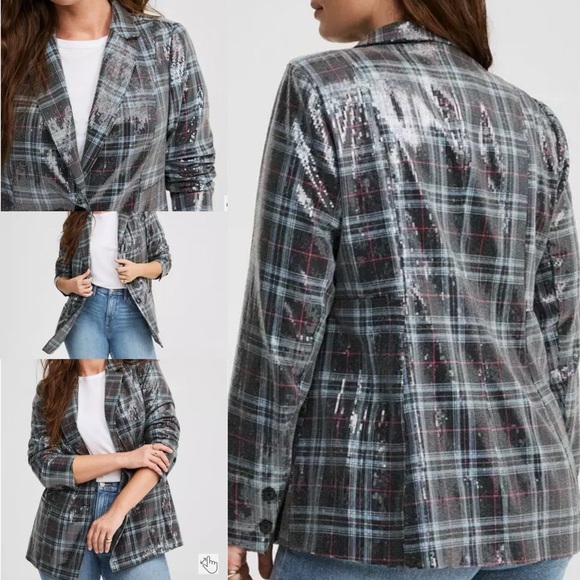 Torrid Plaid Sequin Blazer Gray Black Chic Glam Plus Size 5X Casual Artsy - Picture 13 of 15